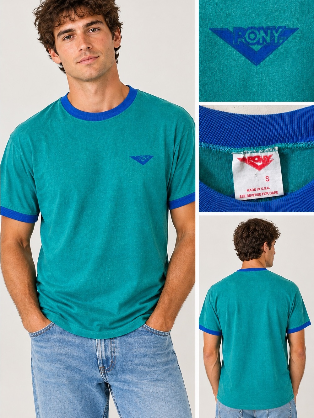 Vintage 100% Cotton Pony Teal T-Shirt with Royal Blue Ringer Trim